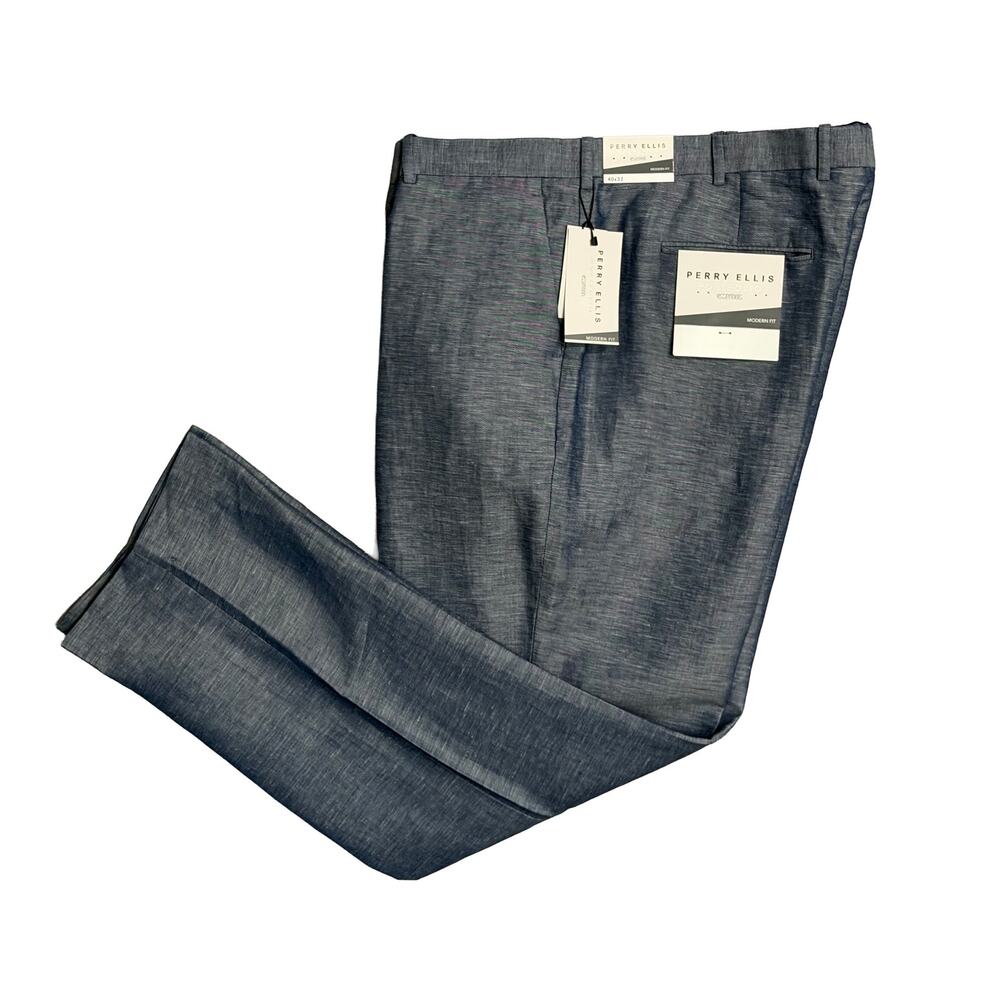 Perry Ellis Portfolio Pants Men's 40"x32" Modern Fit Linen Blend Blueprint NWT